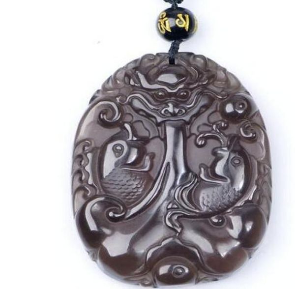 Véritable glace claire obsidienne naturelle sculpté poisson Dragon porte-bonheur pendentifs collier mode Women039s bijoux 6588758