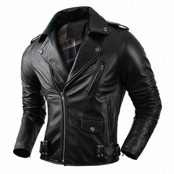 Chaqueta de cuero de cuero de vaca real Hombres Abrigo de cuero Motor Biker Ropa Ropa de montar Otoño Hombres Fi Chaqueta de cuero de la motocicleta z3Ic #