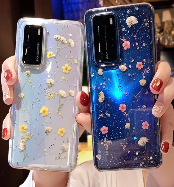 Étui de téléphone transparent à fleurs séchées pour Samsung Galaxy A52 A72 A12 A32 S21 S20 Fe S10 Plus Note20 Ultra Soft Epoxy Bumper8442404