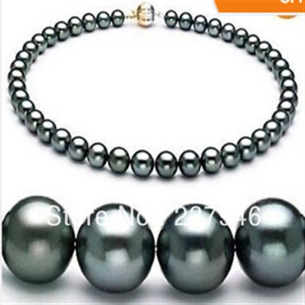 Véritables bijoux en perles fines 18 9-10MM TAHITIEN COLLIER DE PERLES NOIRES NATURELLES PARFAIT ROUND259b