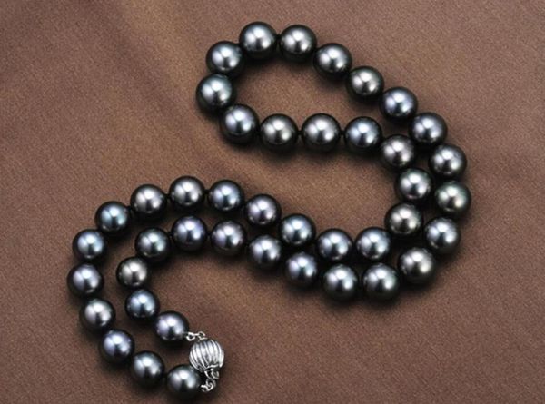 Vraie Fine Pearl Jewelry 18quot95105 mm Tahitian Natural Black Pearl Collier Perfect Round9410598