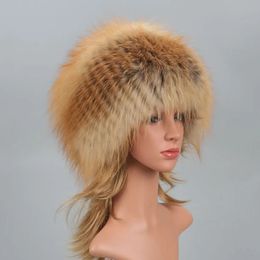 Véritable fourrure de renard pompon Bomber chapeaux d'hiver russe femme masque de Ski naturel fourrure de raton laveur chapeau tricoté Skullies bonnets automne femmes casquette 240122