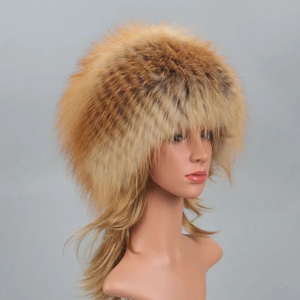 Real Fox Fur Pompom Bomber Sombreros de invierno Ruso Mujer Máscara de esquí Sombrero de piel de mapache natural Gorros de punto Gorros Otoño Gorra para mujer 240122