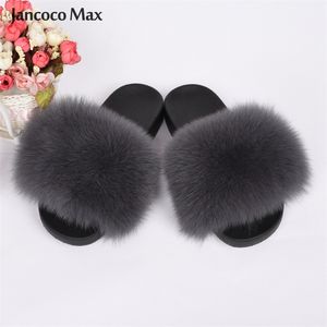 Real Fur Slippers Zomerbont schuifschuifregelaars Flip Flop Lady Outdoor Indoor Sandaal Natural S6018C 210301