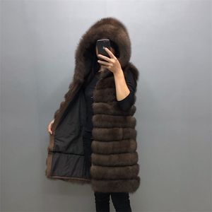 Vrai gilet de fourrure hiver femme à capuche longue fourrure gilet d'hiver veste chaude gilet capuche détachable personnalisable grande taille 7XL 6XL 201212