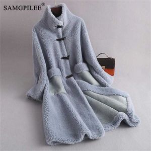 Véritable manteau de fourrure de haute qualité à long mouton en peau de mouton femmes vestes d'hiver laine manteaux décontractés Style coréen Jaqueta Feminina 211122