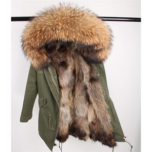 Echte Bontjas Lange Parka OuterWeat Nieuwe Mode Natuurlijke Wasbeer Bont Kraag Vossen Bont Binnen Winterjas Dames Bovenkleding NIEUW 201214