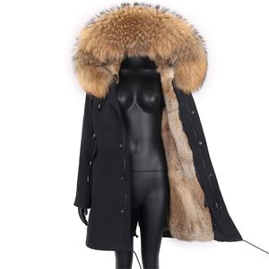 Manteau de fourrure véritable Veste d'hiver Femmes Mode Véritable doublure de fourrure longue Parka imperméable col de fourrure naturelle capuche épaisse manteau chaud 211122