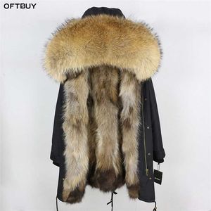 Manteau de fourrure véritable veste d'hiver femmes longue Parka imperméable grand col de raton laveur naturel capuche épaisse doublure chaude 211018
