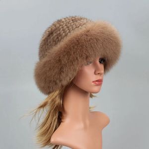 Chapeau de fourrure véritable hiver pour femmes casquette fourrure de vison naturelle avec bonnets de fourrure de renard luxe russe soleil tricot seau chapeau Bonnets mode 240123