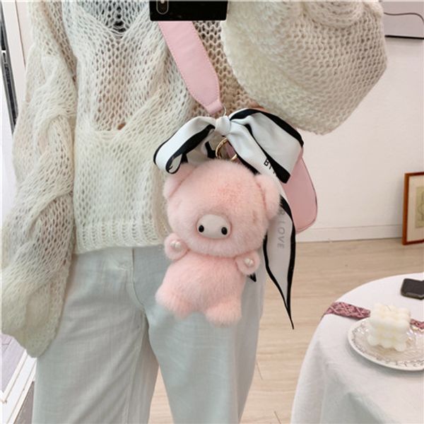 Véritable véritable fourrure cochon ange cochon jouet porte-clés sac à main porte-clés voiture téléphone Pandent