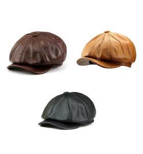 Echt echt lederen krantenjongen hoed cap heren mode winter platte petten vintage korte rand unisex klassieke stijlvolle hoeden5363991