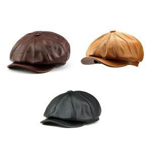 Real Real Great Leather Newsboy Hat Cap Mens Fashion Winter Caps plats vintage Brim Brim Unisexe Classic Élégant Hats5641047
