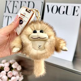 Véritable véritable fourrure de vison singe porte-clés enfants jouet poupée pompon boule sac pendentif à breloque porte-clés cadeau