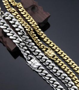 Collier chaîne cubaine rempli d'or véritable pour hommes, bijoux en acier inoxydable, lien de bordure Hip Hop poli, Double fermoir de sécurité 581012144825629