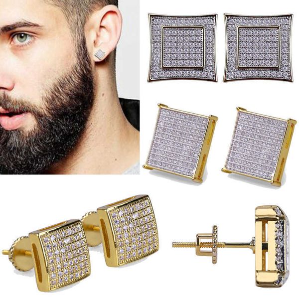 Pendientes cuadrados de circonita cúbica de hiphop de oro real para hombres, mujeres y niñas, regalos, pendientes de diamantes con circonita cúbica, joyería de rapero punk rock