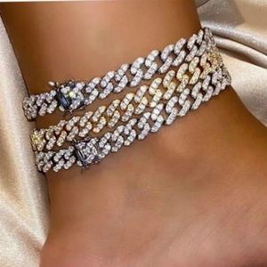 Real Vergulde Bling Diamond Womens Cubaanse Link Ketting Anklet Barefoot Enkelarmband Iced Out Out Cubic Zirconia Curb Chains Sieraden voor dames