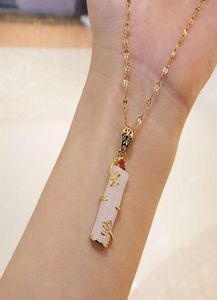 Real Gold Ploated Stainls stalen ketting sieraden lange bamboe vorm roze natuurlijke jade hanger ketting voor vrouwen meisjes255Z26344611454