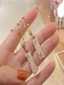 Real Gold Pells Stainls stalen ketting sieraden lange bamboe vorm roze natuurlijke jade hanger ketting voor vrouwen meisjes282W1459945