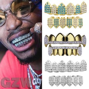 Real Gold Vampire Tanden Fang Grillz Punk Hip Hop CZ Cubic Zirkoon Poker Letters Iced Out Diamond Grills Bretels Tand Cap Rapper3079