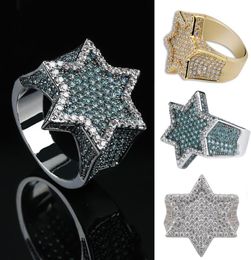 Oro real Oro blanco Verde oscuro Helado Circonita cúbica Estrella hexagonal Anillo con banda para el dedo Color Preservar Anillo de rapero con diamantes brillantes 9868876