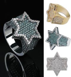 Real Gold White Gold Dark Green Out Out Cubic Zirconia Hexagonal Star Finger Band Ring Color Preserve Bling Diamond Rapper Ring4092294