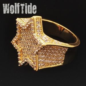 Kubieke Zirkonia Zeshoekige stervingerbandring Pentagram Echt wit goud Donkergroen Iced Out Kleurbehoud Bling Diamant Rapperringen Hiphop Rapper Sieraden Geschenken