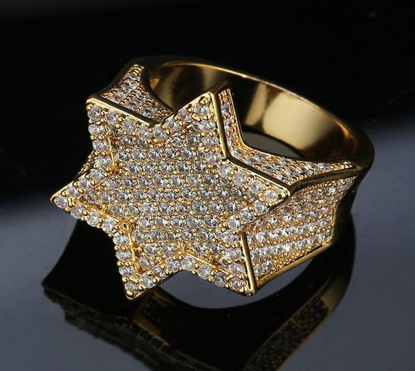 Anillo de banda para el dedo con estrella hexagonal y circonita cúbica verde menta chapado en oro real, anillo de rapero callejero con diamantes brillantes 7558704