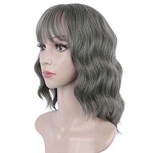 Real Hair Gray Humain Pruik met Pony Korte Bob Golvend Zilver Grijs Voor Dames Natuurlijke Human 14 Inch 150%