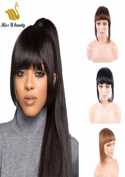 Flequillo de cabello humano real, postizos de Color negro, marrón y rubio, extensiones de flequillo con Clip para mujer 3636965