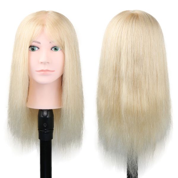 Tête de Mannequin de vrais cheveux humains modèle de coiffure de cheveux blancs longs et droits