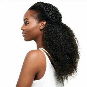 Extensions de queue de cheval de vrais cheveux humains Afro Puff Bouclés Clip enveloppant autour des queues de cheval de cheveux 16 pouces 120g 140g 160g brun foncé)