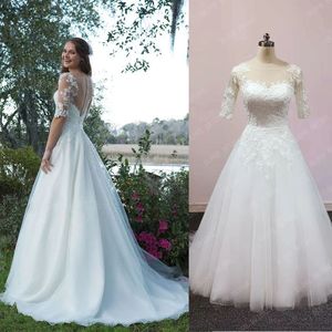 Imagen Real 2022 hermoso vestido de novia ilusión escote barco 1/2 apliques de manga larga vestidos de novia hechos a medida