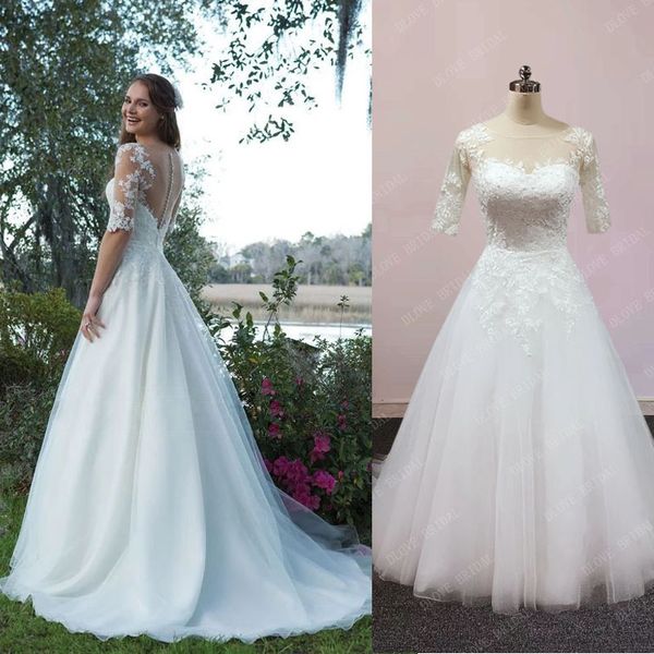 Image réelle 2022 belle robe de mariée Illusion Bateau décolleté 1/2 manches longues Appliques sur mesure robes de mariée