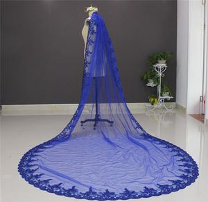 Image réelle 3 mètres une couche Bling paillettes dentelle bord bleu voile de mariée voile de mariage coloré avec Comb3738186