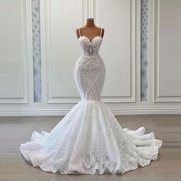 Vraie image perle perles robes sirène jolies draps spaghetti appliques en dentelle longue robe nuptiale zipper le mariage