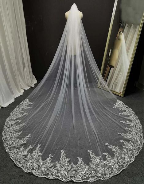 Imagen Real brillo lentejuelas encaje largo velo de novia 3 metros blanco velo de novia color marfil tocados de boda velo de novia 8569528