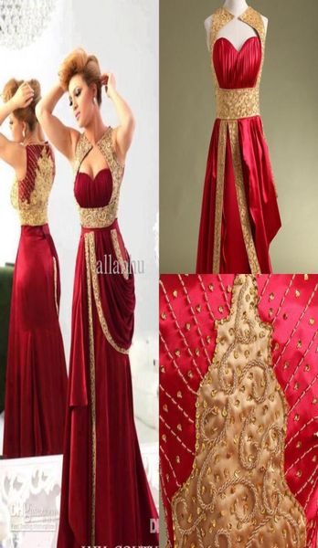 Imagen real Aplicación de oro Dubai vestidos de noche árabe Borgoña Satinado Formal Formal Vestidos Tamaño grande Kftan Kftan Prom DRE1265029