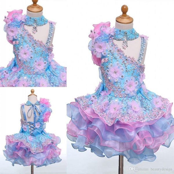 Image réelle col haut mini court cupcake robes de filles de fleur appliques perlées à lacets dos filles robes de reconstitution historique enfants anniversaire Par2127