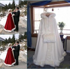 Echte afbeelding Hooded Bridal Cape Ivory Wit Donker Red Long Wedding Mantels Faux Fur voor Winter Wedding Bridal Wraps Bridal Cloak Plus 1892650