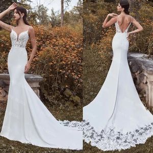 Image réelle dentelle sirène robe de mariée 2022 bretelles spaghetti col en V dos nu robe de mariée
