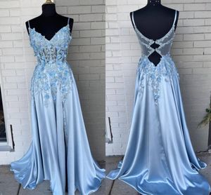 Image réelle robes de bal bleu clair Juniors Spgahtti col en V fleurs faites à la main appliques de perles soirée formelle robe d'occasion spéciale femmes dos nu