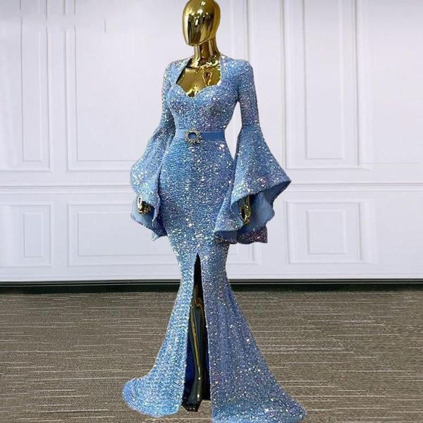 Imagen real Mangas largas Bling Blue Sirena Vestido de noche 2022 Meerjungfrau Abendkleid Lentejuelas con hendidura Caftan Vestidos de fiesta árabes Vestidos de fiesta