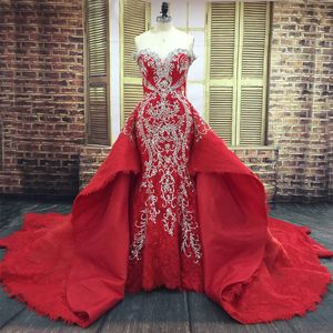 Imagen real Sirena Vestidos de novia con falda desmontable Cuentas de bordado de plata Lentejuelas Crytals Vestidos de novia rojos de lujo Tren extraíble