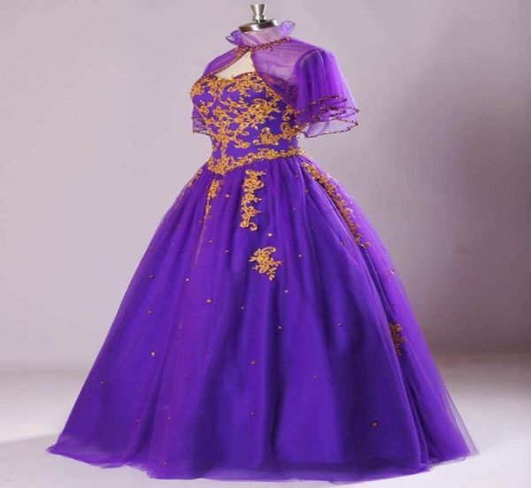 Imagen real Organza Vintage Púrpura Vestidos de baile Sweetheart Apliques dorados Pliegues Bolero transparente con cordones en la espalda Vestidos de quinceañera form3202905