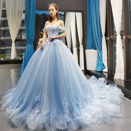 Real Image Prinzessin Quinceanera-Kleider, eine Linie, schulterfrei, Spitze, 3D-Applikation, Sweet-16-Kleider, Sweep-Zug, rückenfrei, Abschlussball-Party-Kleider 2024