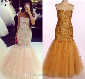 Real Image Prom Dresses Sweetheart Sheer Neck Beading Crystals Mermaid Avondjurken Lange Tulle Rits Terug Quinceanera Pageant Towns