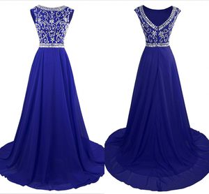 Real Image Royal Blue Prom Dresses Chiffon Bateau V Open Back Rhinestone Beaded Sequin Avondjurk Elegante Formele Feestjurken Long Goedkoop