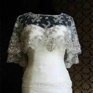 Real Image sprankelende bruiloft mantel jas nieuwe ivoor witte mouwloze bruids kant stoffen pailletten Cape Wraps aangepaste jassen