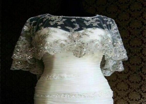 Image réelle veste de manteau de mariage étincelante nouveau blanc ivoire sans manches dentelle de mariée appliques paillettes Cape enveloppes vestes personnalisées 7569571